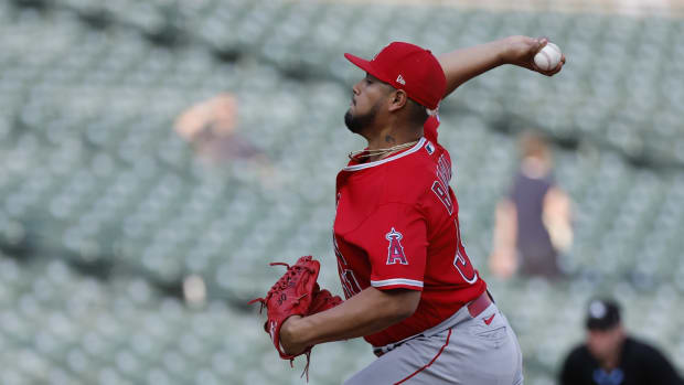 Jul 27, 2023; Detroit, Michigan, USA; Los Angeles Angels relief pitcher Jaime Barria (51) pitches in the ninth inning against the Detroit Tigers at Comerica Park. Mandatory Credit: Rick Osentoski-USA TODAY Sports  